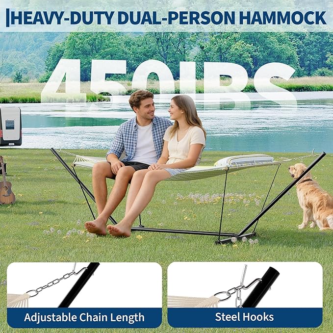 Heavy Duty 2 Person Double Hammock with Portable Adjustable Steel Stand, Outdoor Hammock with Pillow for Patio, Garden, Beach, Backyard Camping