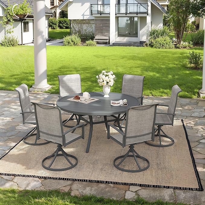 VICLLAX 7 Pieces Outdoor Dining Set, Patio Furniture Set Includes 47" Round Metal Table W/ 1.9" Umbrella Hole and 6 Padded Textilene Swivel Chairs for Porch, Lawn, Garden, Backyard