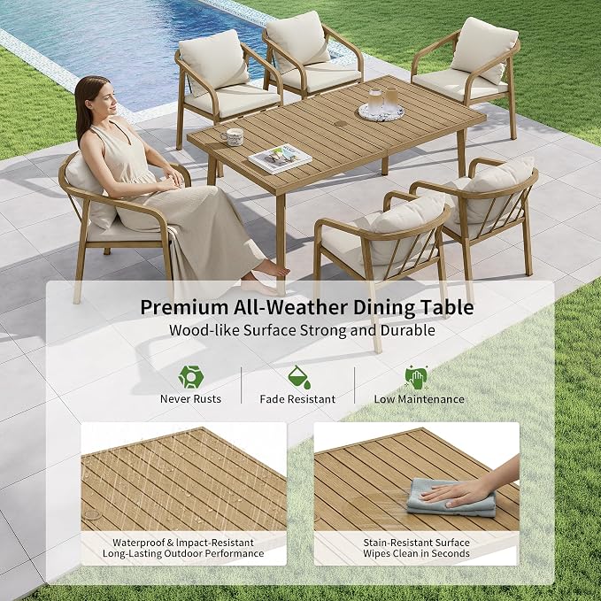 63"x35" Never-Rust Aluminum Outdoor Dining Table – Rectangular Patio Table for 6 with Umbrella Hole, Heavy Duty All-Weather for Poolside, Garden, Backyard, Porch, Deck, Teak