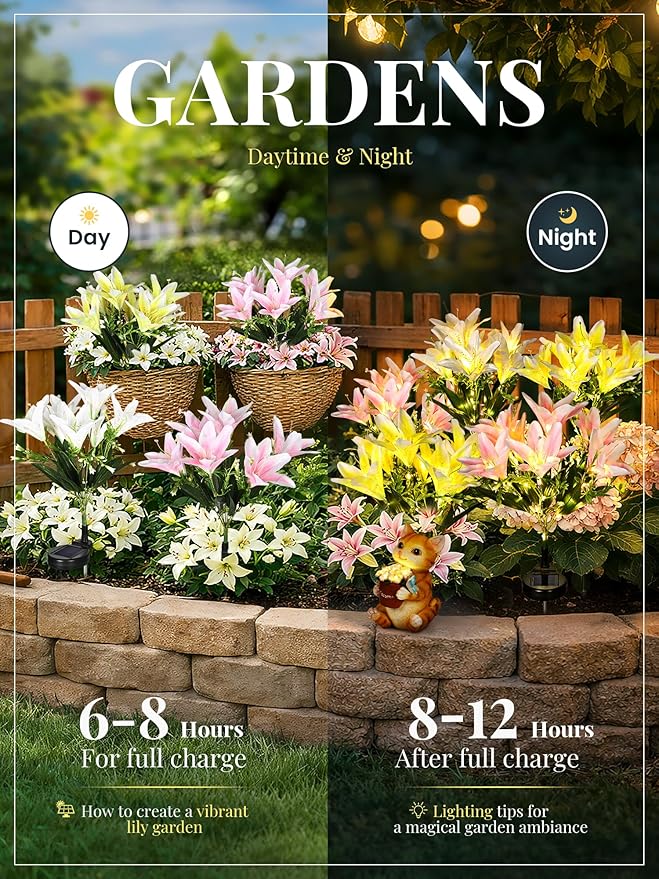 GIGALUMI Solar Garden Lights, 4Pack LED Lily Garden Decor Carefree Solar Flowers Outdoor Waterproof, Yard Decorations Outdoor, Allergy-Free Light up Flowers for Yard Patio (2Pink,1White,1Yellow)