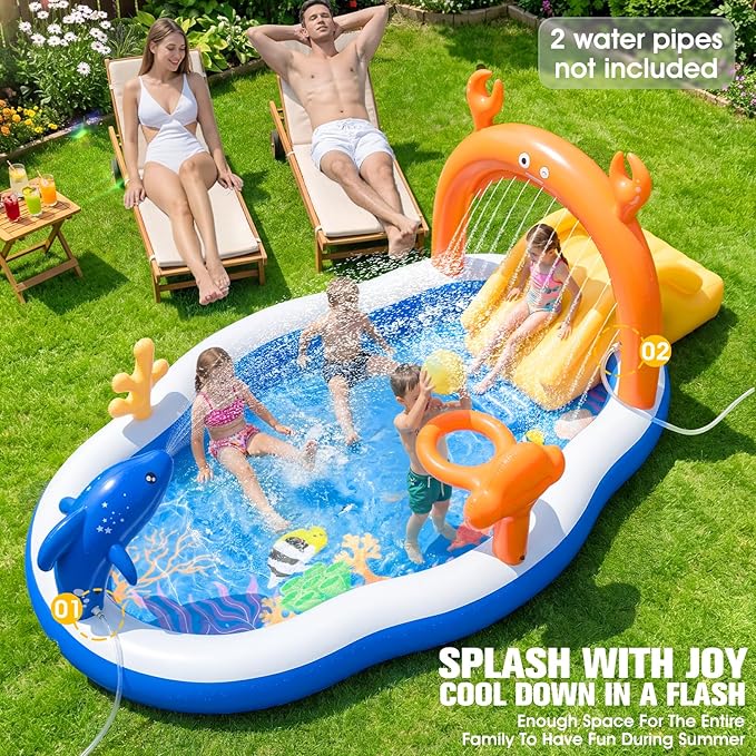 2026 Large Inflatable Play Center,Toddler Pool with Water Slide&Sprinkler,120"x70"x50"Inflatable Kiddie Pool with Slide,Backyard Kids Water Slide,Blow-Up Splash Pad for Toddlers