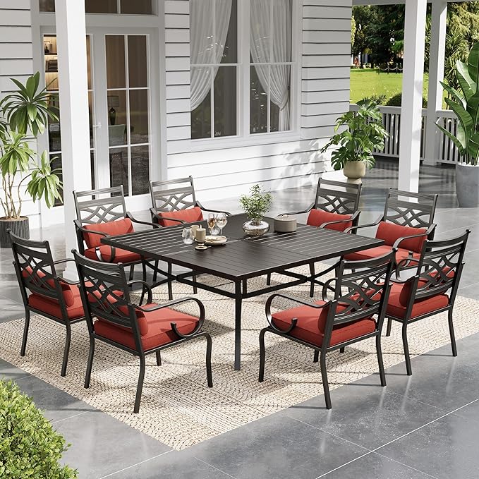 Sophia and William Outdoor Patio Dining Set for 8, Outdoor Table and Chairs, Removable Seat Cushions, Black 37" Patio Dining Table,Red