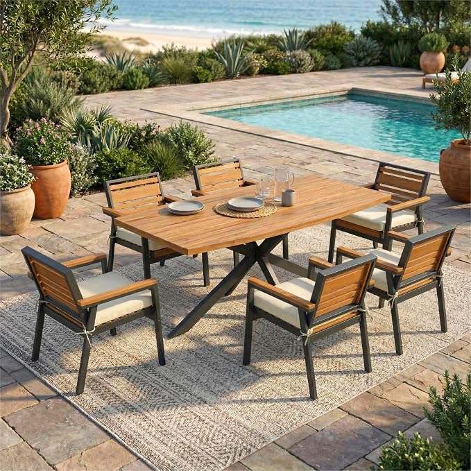 7 Pieces Metal Patio Dining Table Set with Acacia Wood, 74.8"L Dinner Table, 6 Chairs with Dual Layer Iron and Detachable Cushions, Outdoor or Indoor Furniture for Garden or Backyard, Black Beige