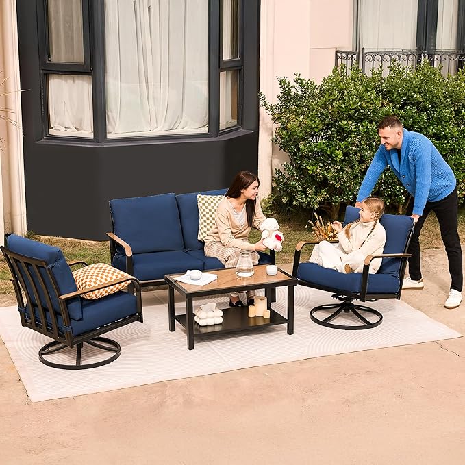NATURAL EXPRESSIONS Patio Furniture Sets,4 Pieces Metal Outdoor Conversation Sofa Set with High Back Swivel Rocking Chairs with Anti-Scald Armrest,Double-Deck Wooden-Grain Table,6" Cushions for Yard