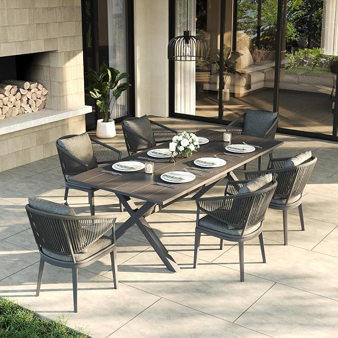 LayinSun 7 Piece Outdoor Dining Table Set, Aluminum Modern Rectangular Dining Table and All-Weather Wicker Chairs Set for Patio Deck Indoor Decor Kitchen