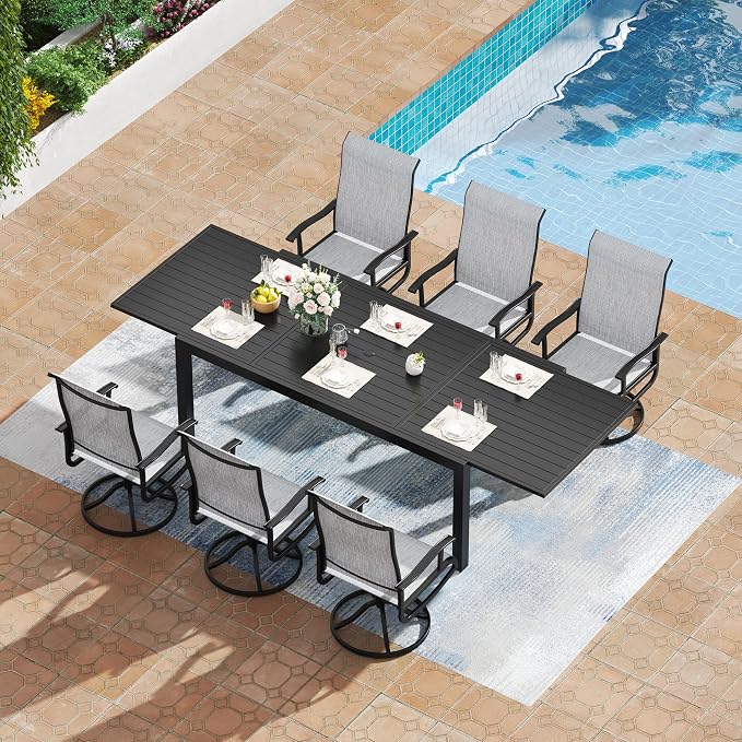 PIZZELLO 7 Pieces Patio Dining Set, 106" Extendable Aluminum Patio Dining Table w/ 6Pcs Textilene Swivel Patio Chairs, All-Weather Outdoor Table and Chairs Sets for Backyard, Garden and Deck