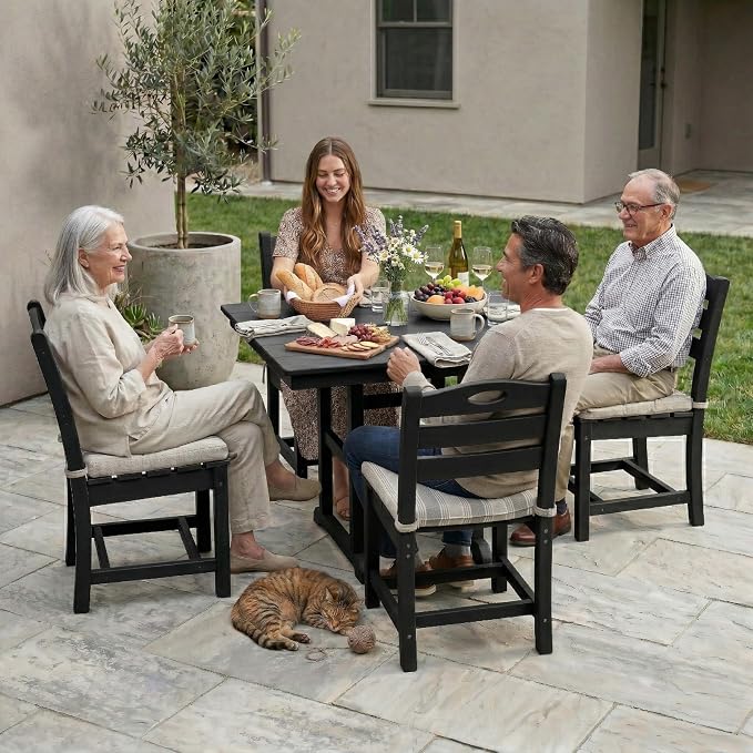 WILLIAMSPACE 37.8" Outdoor Patio Dining Set with 4 Armless Chairs, All Weather HDPE Square Dining Table with Umbrella Hole, Patio 5-Piece Bistro Set for Backyard, Balcony, Lawn, Kitchen (Black)