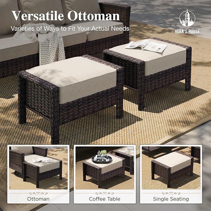 HERA'S HOUSE Patio Furniture Set with Swivel Chairs, High Back Outdoor Wicker Furniture with 5.5" Thick Cushions, Outside Conversation Sofa Sets for Backyard Deck Lawn, Beige