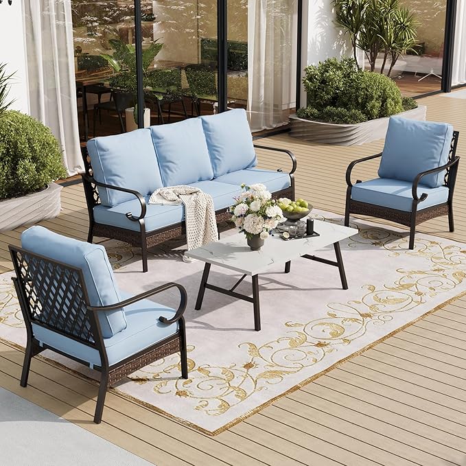 5 Piece Metal Outdoor Patio Furniture Set, Patio Conversation Sets 1 3-Seater Sofa, 2 Chairs with 5.75" Extra Thick Cushion and Coffee Table, Black Frame Backyard Furniture, Blue