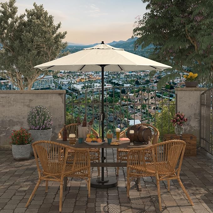 California Umbrella 7.5' Rd Aluminum Patio Umbrella, Crank Lift, Auto Tilt, Black Finish, Antique Beige
