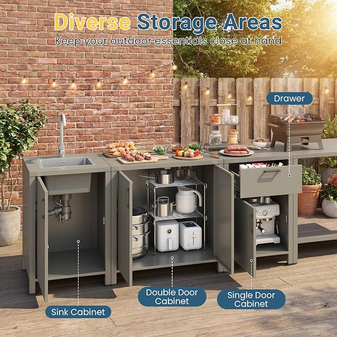 Wisteria Lane Outdoor Storage Cabinet with Stainless Steel Sink, Aluminum Modular Outdoor Kitchen, All Weather Kitchen Island with Storage, Drawers & Bar Table for BBQ, Porch, Backyard