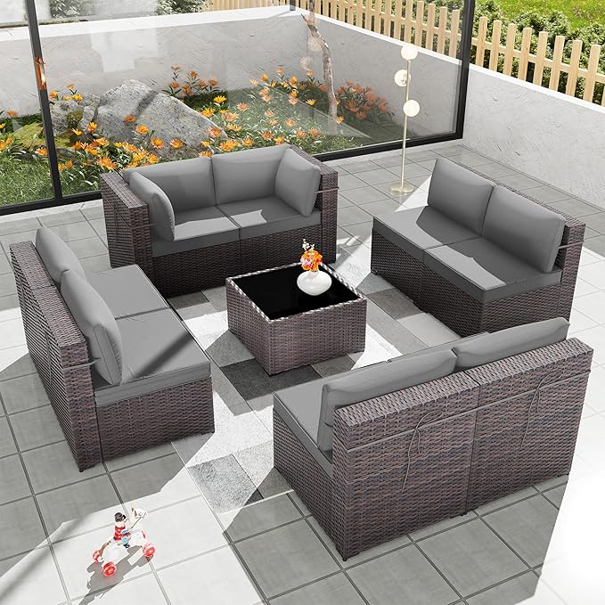 Patio Furniture Set 9pcs Outdoor Furniture for Backyard Sectional Sofa Set, Wicker Rattan Outdoor Conversation Set with 4 Inch Thickened Cushions and Coffee Table, Grey