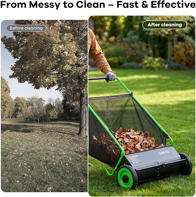 Garvee Push Lawn Sweeper, 26 in Leaf & Grass Collector with 7 Cu. ft. Hopper Bag, 4 Spinning PP Brushes, Durable Steel Construction, Adjustable Height & Rubber Tires for Leaves Grass Cleanup