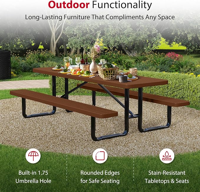 Leisure Craft Metal Picnic Table with Bench - 8 ft Rectangle Outdoor Dining Table for 8, Umbrella Hole, Weatherproof Heavy Duty Thermoplastic Coating, Commercial Grade Furniture Made in USA - Brown