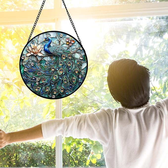 DASTOLL Stained Glass Window Hanging, Blue Peacock Decoration Suncatcher for Door Garden Home Flower Bird Sun Catchers Christmas Mother's Day Birthday Gifts for Women Men Mom Nana Friend 6.3 in
