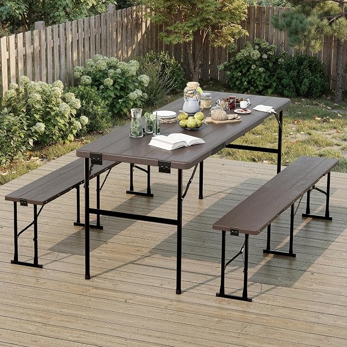 Polar Aurora Picnic Table Set with 2 Benches, 6 Feet Folding Camping Table Chair Set, Portable 3-Piece Outdoor Furniture with Wood Grain Top for Party, Picnic, Camping, Wedding (Brown)