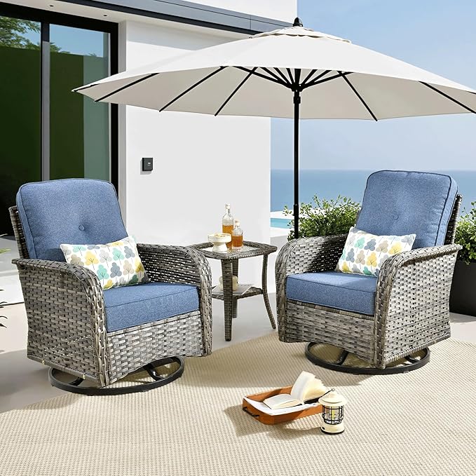 ovios 3-Piece Patio Furniture Set, Outdoor Wicker Sofa with Swivel Chairs, High Back Rattan Gliders Rocker with Comfy Cushions for Porch Yard Deck, Denim Blue