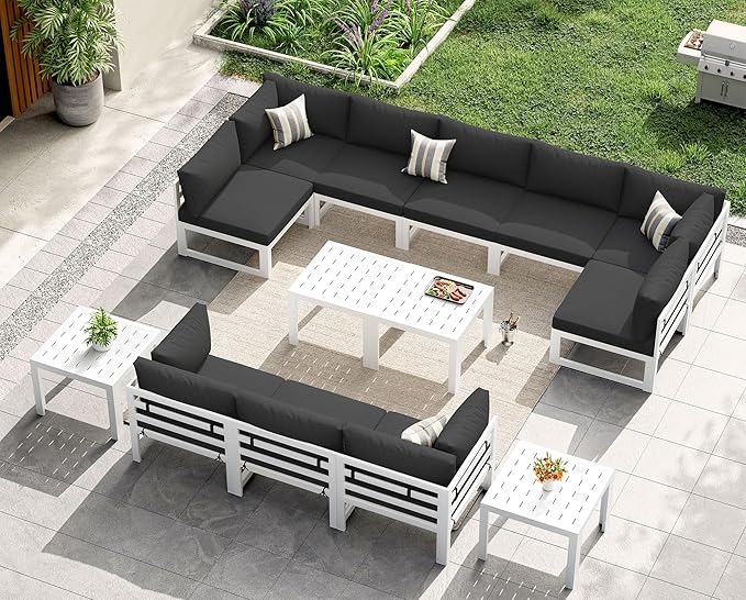 NICESOUL Large Luxury Aluminum Outdoor Sectional Sofa with Side Table, Weather Resistant Modular Patio Furniture Set for 10 People, 500 lbs Heavy Duty Conversation Couch for Poolside Lawn, Black