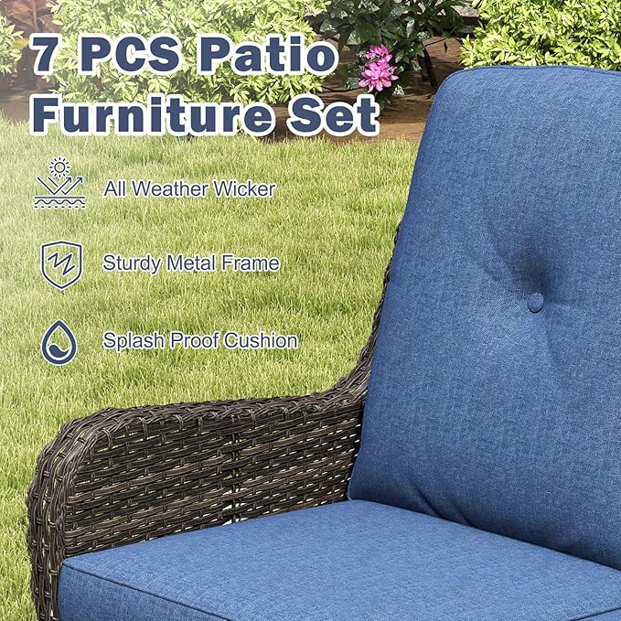 Kinsuite 7 PCS Patio Furniture Set, Outdoor Conversation Sets with Swivel Chairs & Ottomans, All-Weather Wicker Sectional Sofa with Thicken Cushions for Garden, Lawn, Deck, Backyard, Blue
