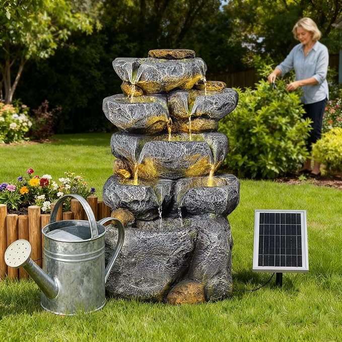 5 Tiered Solar Powered Water Fountain, Solar Water Fountain Outdoor Garden Cascading Rock Water Fall Fountains Outside with Lights for Backyard, Patio, Deck, Porch, 24" H x 13.39" L x 9.6" W