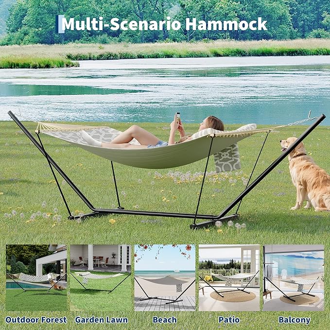 Double Hammock with Stand - Heavy Duty Portable 2 Person Design with Adjustable Steel Stand, Max 450LBS, Ideal for Outdoor Patio, Garden, Beach & Backyard
