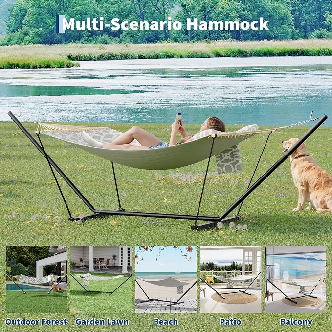 Double Hammock with Stand, 2 Person Heavy Duty Outdoor Hammock with 12FT Stand, Adjustable Steel Frame, Detachable Pillow,Carry Bag Included,450lbs Capacity, Indoor Outdoor Swing Bed–Light Gray