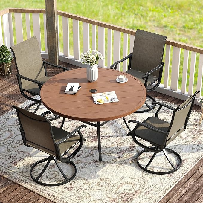 VICLLAX 5 Pieces Patio Dining Set, Outdoor Dining Set for 4-40.6" Round Patio Table and 4 Outdoor Swivel Chairs for Lawn Garden, Walnut Tabletop and Mixed Brown Fabric
