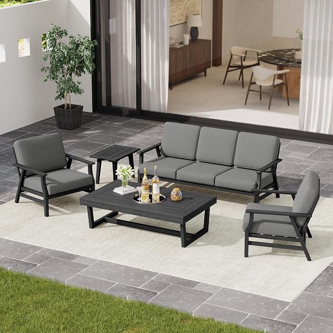 4 Pieces Patio Furniture Sets, Black Wood Outdoor Sectional Furniture with Coffee Table, 5 Seats Patio Sofa Couch Conversation Set for Backyard Deck - Gray