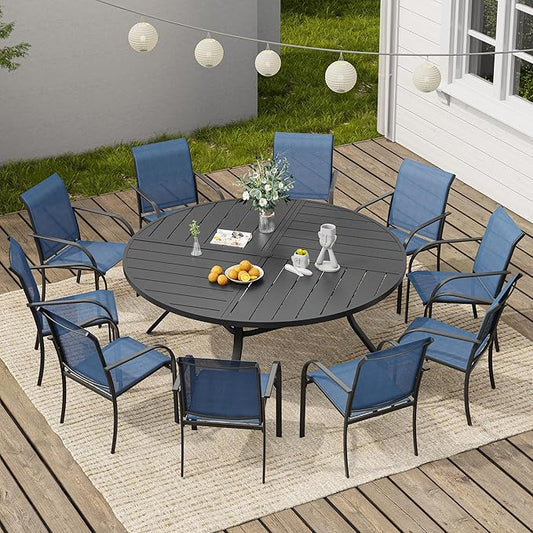 VICLLAX 11 Pieces Round Patio Dining Set, Patio Furniture Set of 10 Patio Stackable Dining Chairs and 63" Outdoor Spliced Tabletop with Umbrella Hole, Blue Chairs and Black Table