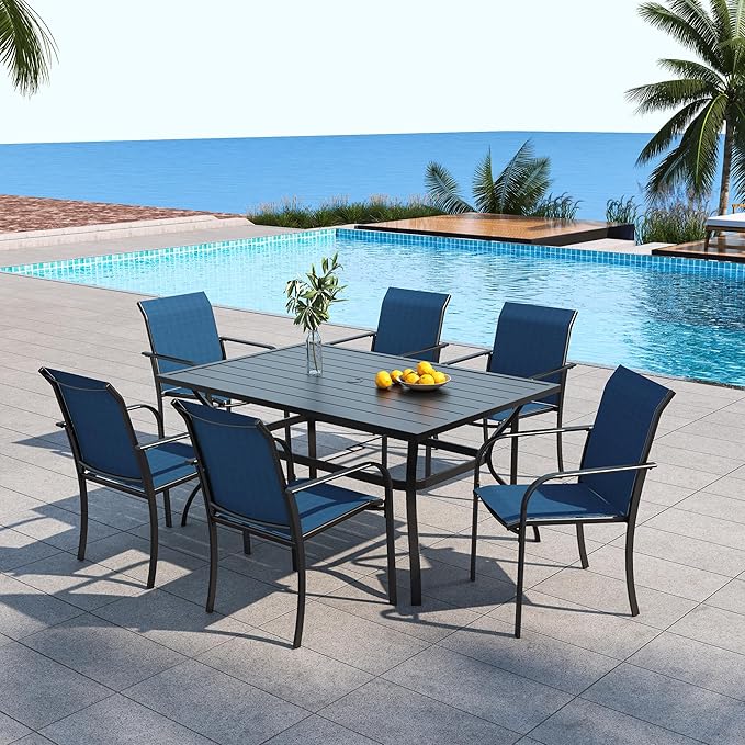 Anmutig 7 Piece Patio Dining Table and Chairs Set with Outdoor 60"x38" Rectangle Dining Table and 6 Blue Stacking Chairs