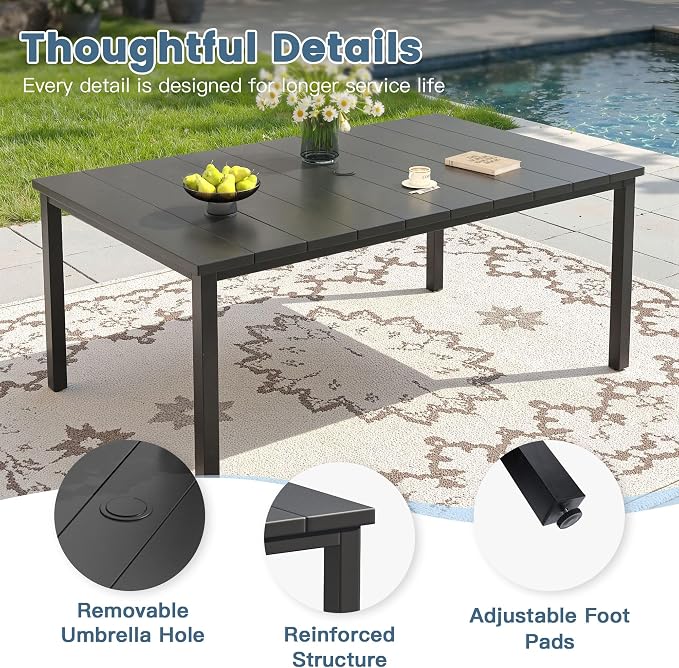 DIFY 7 Pieces Outdoor Dining Set, Metal Patio Table and Chairs Set for 6 with Umbrella Hole, 63" Black Rectangle Table and Brown Textilene Swivel Patio Chairs for Garden, Backyard, Poolside