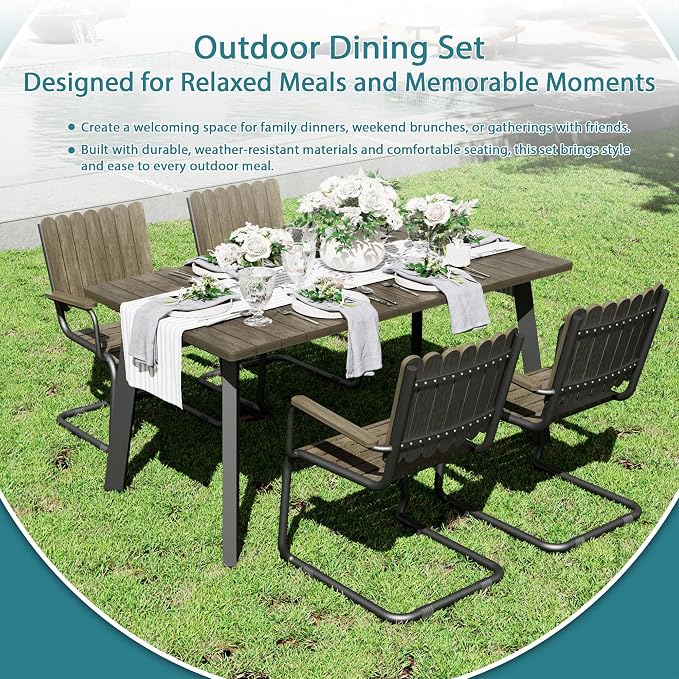 5 Piece Outdoor Conversation Set for 4, HDPE Patio Seating Set with Table and Chairs, All-Weather Outdoor Lounge Furniture with Umbrella Hole for Garden, Porch, Poolside, Gray