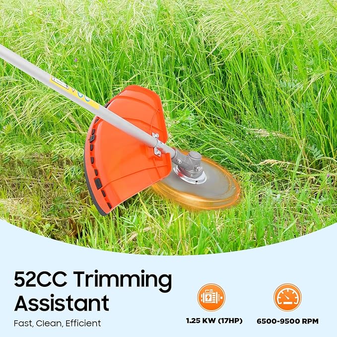 52CC 5 in 1 Gas Trimmer, 2.3HP 2-Stroke Cycle Brush Cutter Hedge Trimmer Chainsaw Pruner w/Extension Pole, 270° Rotating Head, Multi-Functional Gasoline Powered Grass Trimmer for Garden, Yard, Farm