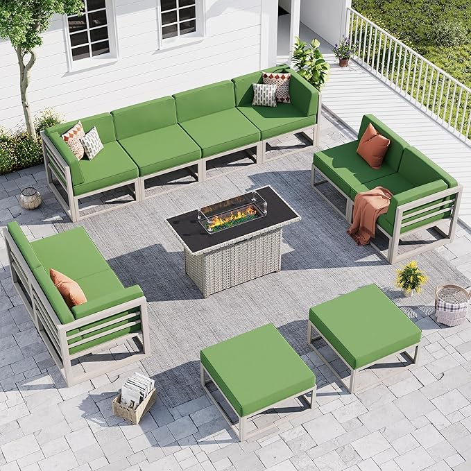 UDPATIO Aluminum Patio Furniture Set with Fire Pit Table, Modular Oversized Outdoor Sectional of Olefin 5 inch Cushion, Coffee Table and Waterproof Cover, Patio Conversation Sets for Porch, Deck
