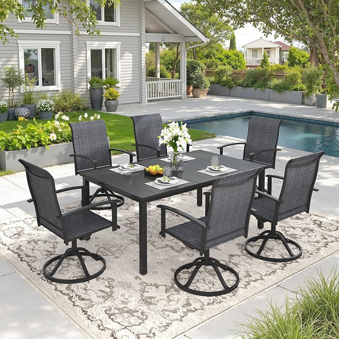 DIFY 7 Pieces Outdoor Dining Set, Metal Patio Table and Chairs Set for 6 with Umbrella Hole, 63" Black Rectangle Table and Dark Grey Textilene Swivel Patio Chairs for Garden, Backyard, Poolside