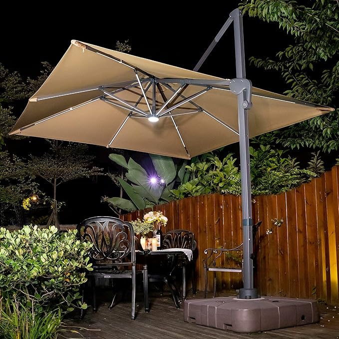 Sunnyglade 10x10ft Solar Powered LED Cantilever Patio Umbrella Square Deluxe Offset Umbrella 360°Rotation & Integrated Tilting System & LED lights for Market Garden Deck Pool Backyard Patio