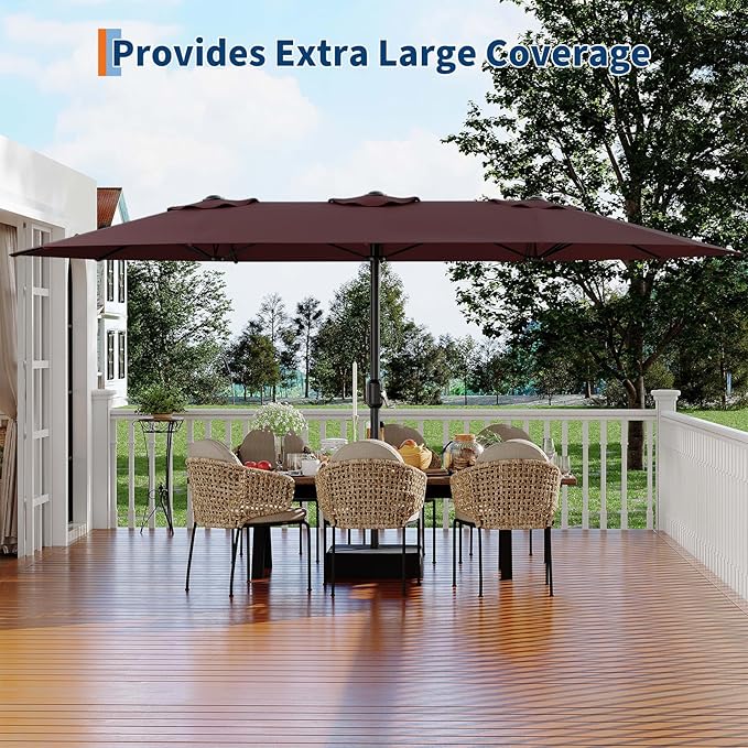 KYBOLT 15 Ft Large Patio Umbrella with Base Included, Outdoor Double-Sided Rectangle Umbrella with Crank Handle, Outdoor Umbrella for Backyard, Pool, Patio,