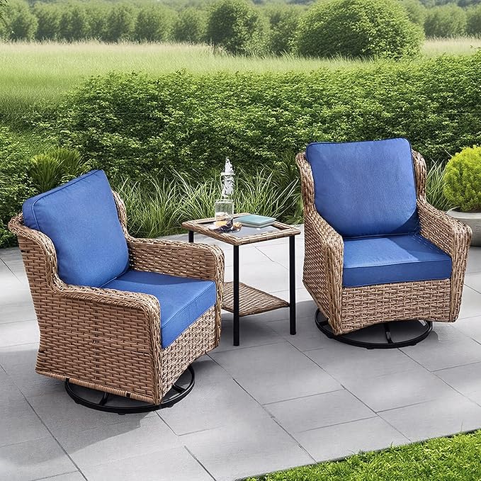 3 Piece Patio Furniture Set, Outdoor Wicker Swivel Chair Set with Side Table, All-Weather Cushioned Patio Conversation Set for Small Spaces, Porch, Balcony,Blue