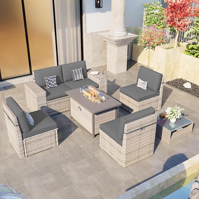 7-Piece Patio Furniture Set, Outdoor Patio Conversation Set with 60,000 BTU Fire Pit Table, PE Rattan Wicker Sectional Sofa with Large Capacity Seats, Widened Armrests, Extra High Backrest, Grey
