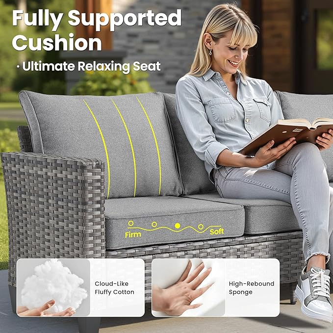ovios 7 Pieces Patio Furniture Set, Outdoor Wicker Sofa Couch with Swivel Chairs, Rocking Glider Rocker with Comfy Cushions All Weather Rattan Conversation Set, Dark Grey