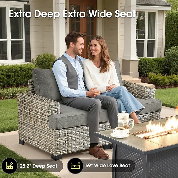Outdoor Sectional Patio Furniture Set with Fire Pit,7 Pieces Rattan Conversation Sets,Out Door L Shaped Furniture with Glowing Coffee Table,Dark Grey