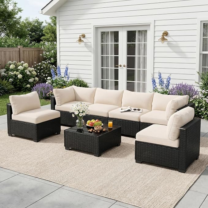 Patio Furniture Set, 7-Piece Outdoor Sectional Couch with Coffee Table & Thick Cushions, Outdoor Wicker Conversation Set for Backyard, Poolside, Garden (Black-White, 7 Piece-Single)