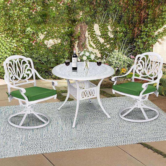 3-Piece Outdoor Patio Dining Set, All-Weather Cast Aluminum Patio Furniture Set for Backyard Garden Deck with 2 Swivel Cushioned Chairs and 35.4” Round Table, 2" Umbrella Hole, White