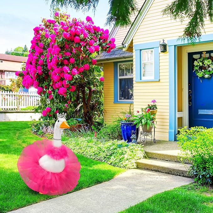 4 Pcs Princess Porch Goose Outfit for 23" 17" Cement Lawn Goose Costume Crown Necklace Tutu Skirt Feather Trim(Rose Red)