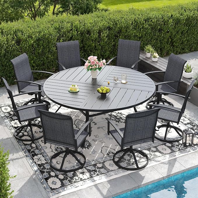 DIFY 9 Pieces Outdoor Dining Set, Metal Patio Table and Chairs Set for 8 with Umbrella Hole, 63" Black Round Table and Dark Grey Textilene Swivel Patio Chairs for Garden, Backyard, Poolside