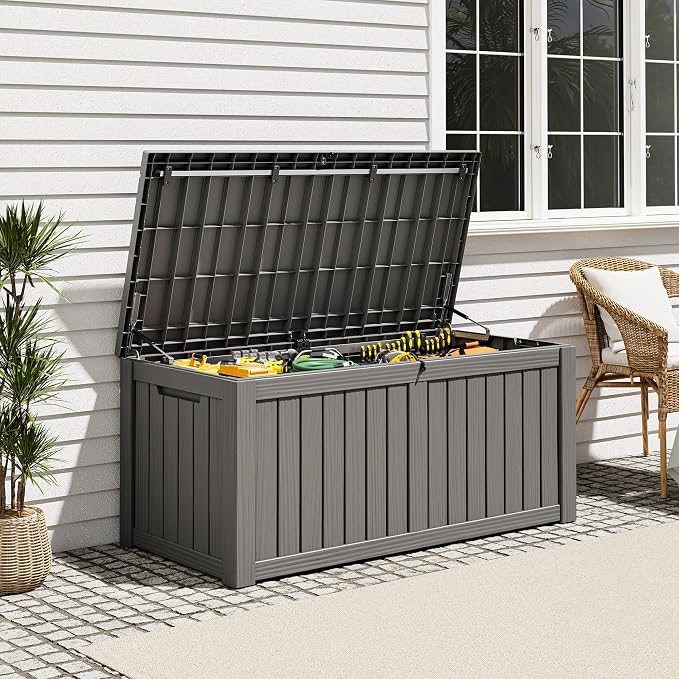 Outdoor Storage Box, Resin Deck Boxes Indoor and outdoor, Waterproof Storage Box Lockable Lid (Grey,150 Gallon)