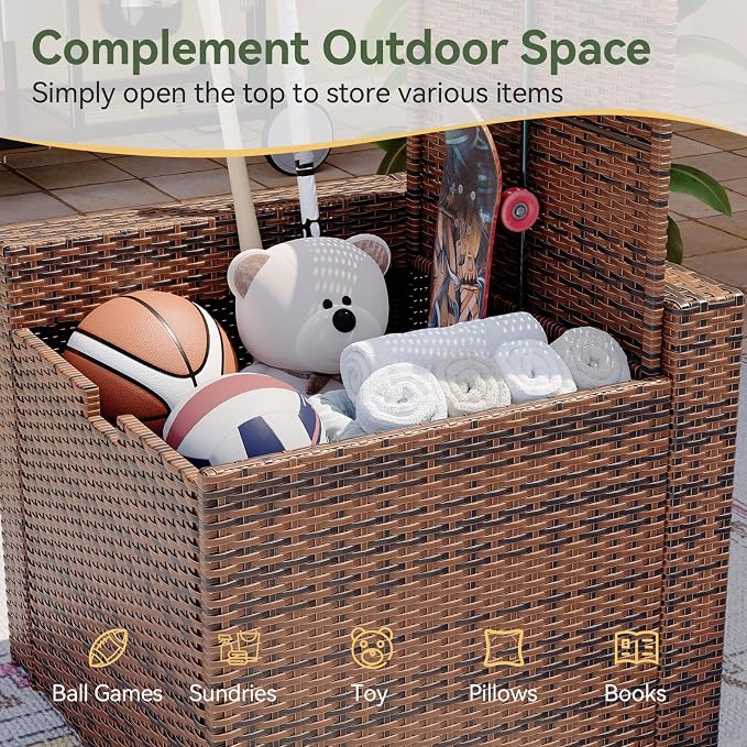 Aoxun Outdoor Wicker Storage Coffee Table, All-Weather Side Table with Waterproof Cover, for 25.8" High-Back Sofas Brown