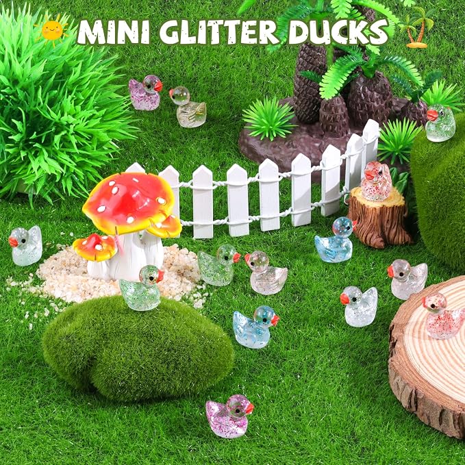 TINKRSTUFF 120PCS Mini Resin Animals Cute Colorful Glitter Tiny Ducks, Miniature Resin Figures to Hide, Little Animal Accessories Bulk for Topper Garden Dollhouse Landscape Aquarium Ornament DIY Craft
