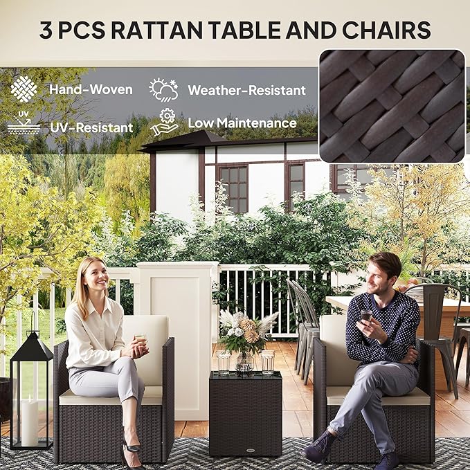 Outsunny 3 Piece Patio Furniture Set, Folding Outdoor Wicker Bistro Set with Washable Cushions, Adjustable Feet, and Glass Coffee Table, Easy Assembly for Garden, Balcony, Poolside, Backyard, Brown