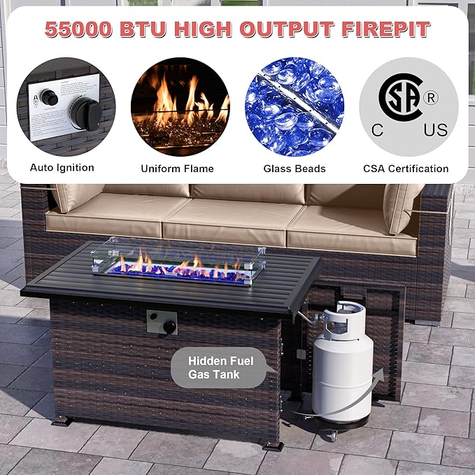 Patio Furniture Sectional Sofa 10PCS PE Rattan Patio Conversation Set w/43in Gas Fire Pit Table, Patio Outdoor Furniture with 4 Inch Thickened Cushions and Glass Coffee Tables, Sand